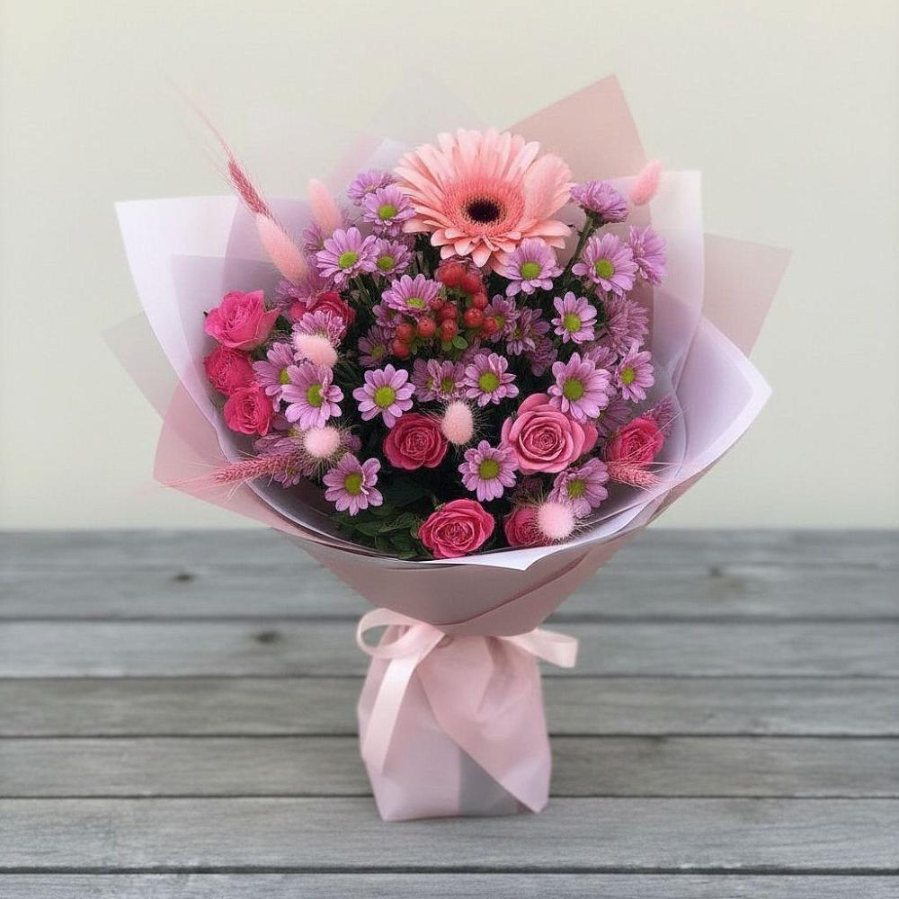 Букет цветов из: Розы, Герберы и Хризантемы в Калиновке Курской области
