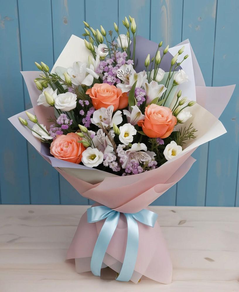 Букет цветов из: Лизиантусы, Розы, Альстромерии и Гипсофила в Калиновке Курской области